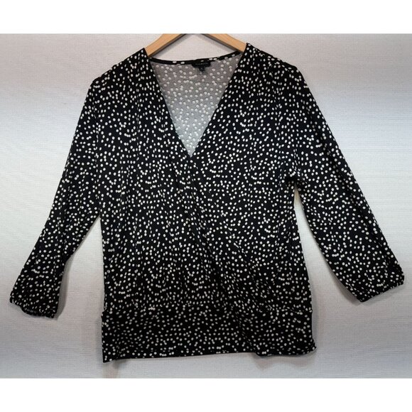 Talbots Women's V Neck Blouse Stretch Size M Black White Polka Dot Long Sleeve - Picture 1 of 10